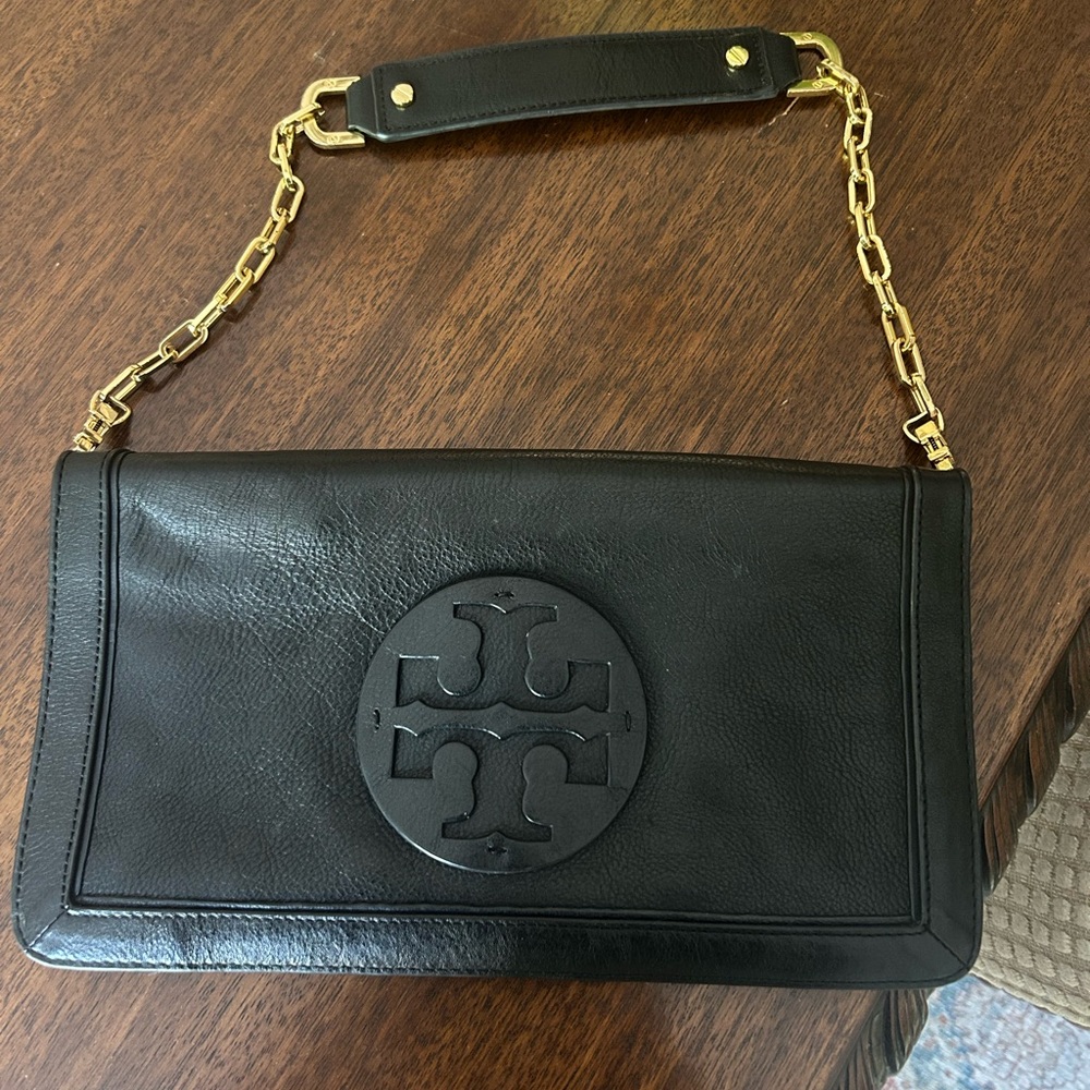 Tory Burch Black Leather Bag with Gold Chain